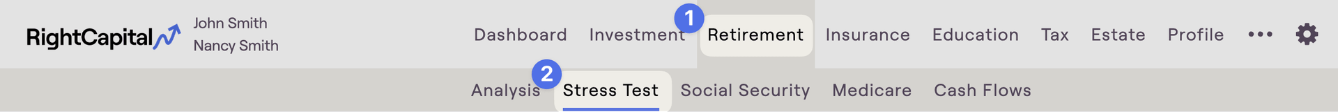 Screenshot of the financial plan Retirement Stress Test menu