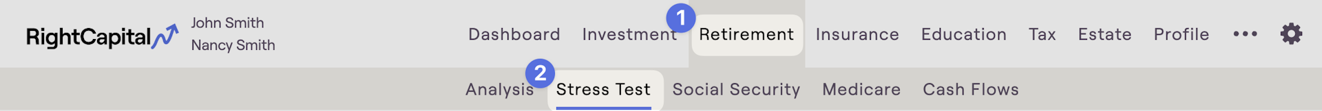 Screenshot of the financial plan Retirement Stress Test menu