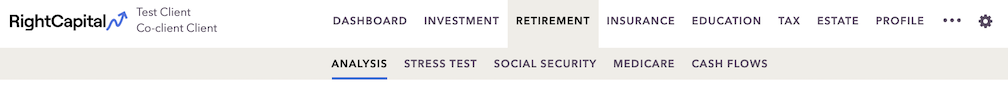 Screenshot of the financial plan Retirement Analysis menu